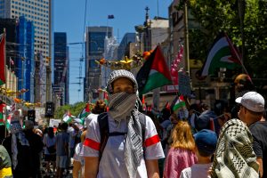 Showing support for Palestinians in Gaza at a Melbourne ceasefire now rally.