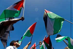 Palestinian flags flying at Parliament House, Melbourne.