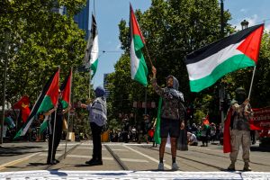 Crowd gathers at a Melbourne ceasefire now rally.