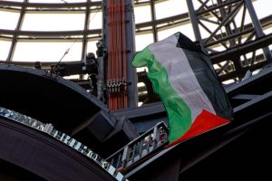 The flag of Palestine flying high in the Melbourne Central Shopping Centre. Photo: Wayne Jansson