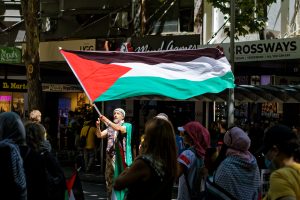 Flying the Palestinian flag.