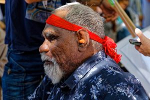 Ned Jampijinpa Hargraves senior elder and Warlpiri man from Yuendumu spoke at the #CeasefireNOW rally, Naarm (Melbourne). He declared his solidarity with Palestinians and taught the crowd how to say 'ceasefire now' in his traditional language.