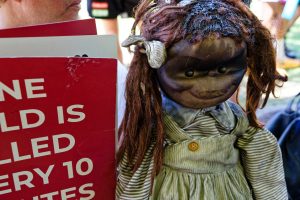 The maker of this doll named her, Hind (Rajab) after the young girl terrorised by the IDF before they murdered her and the paramedics sent to rescue her.